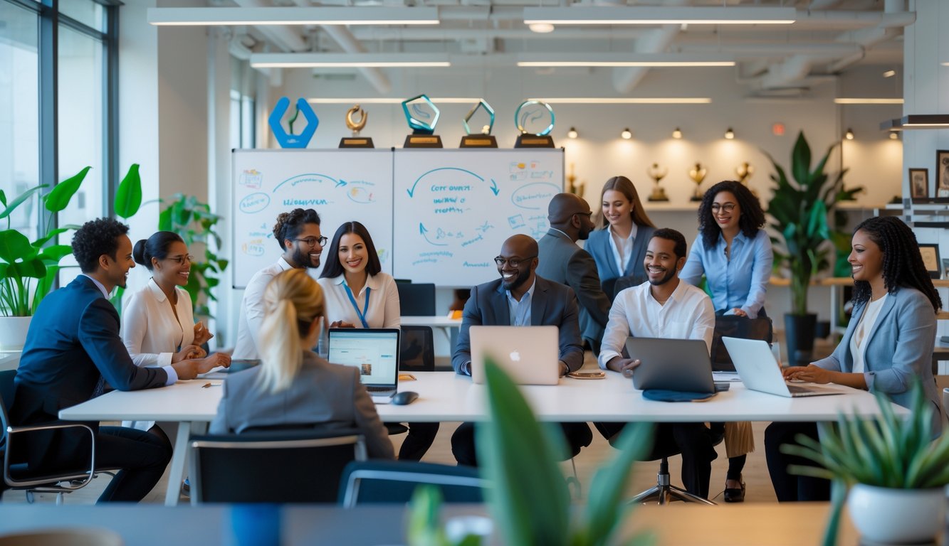 A modern coworking space with people working together and award trophies displayed on shelves in the background.