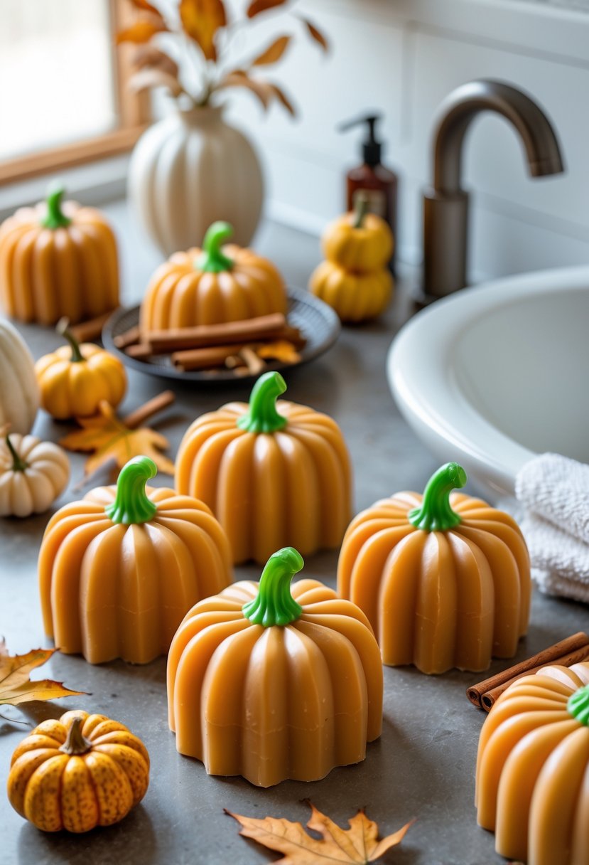 22 Fall Bathroom Decor Ideas 2025: Seasonal Updates for a Stylish Refresh 12 Pumpkin-shaped soap bars arranged on a bathroom countertop with fall-themed decorations like gourds, cinnamon sticks, and dried leaves.