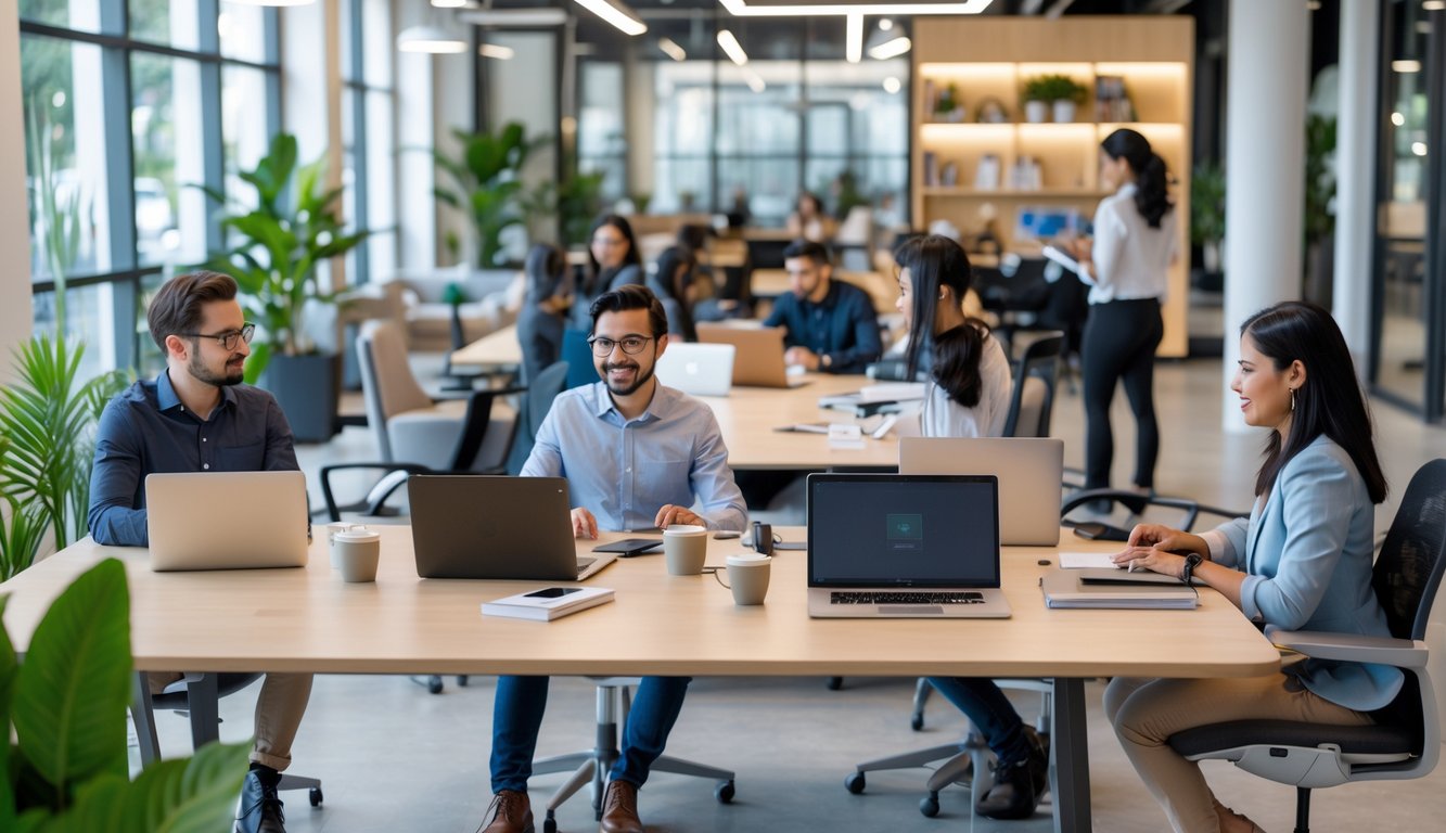 A modern coworking space with people working at desks and collaborating in a bright, open room with plants and comfortable seating.