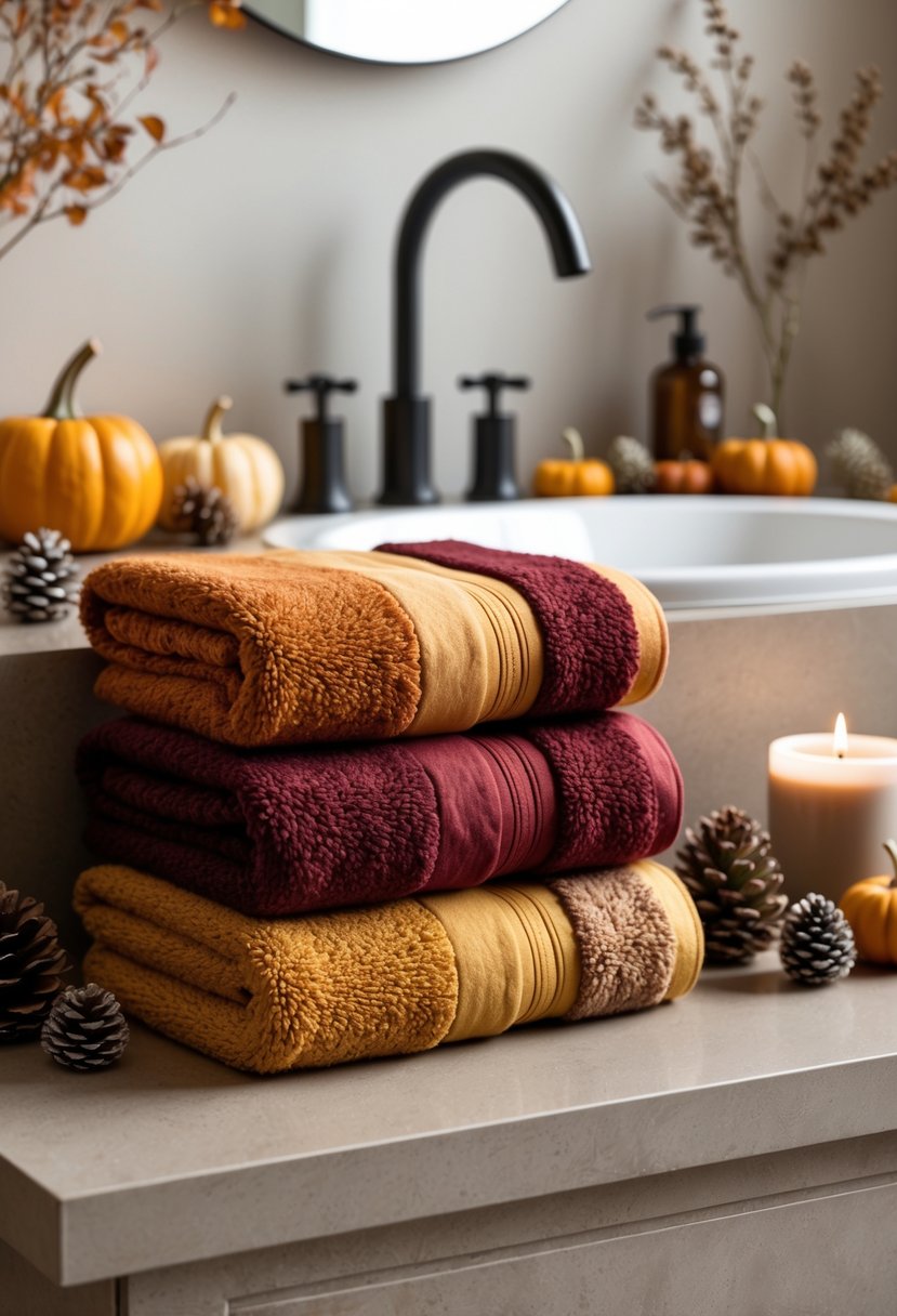 22 Fall Bathroom Decor Ideas 2025: Seasonal Updates for a Stylish Refresh 14 A bathroom countertop with folded wool hand towels in warm fall colors surrounded by small pumpkins, dried eucalyptus, pine cones, and candles.