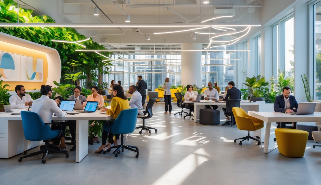 A modern coworking space with people working together and individually at desks and tables, surrounded by plants and large windows letting in natural light.