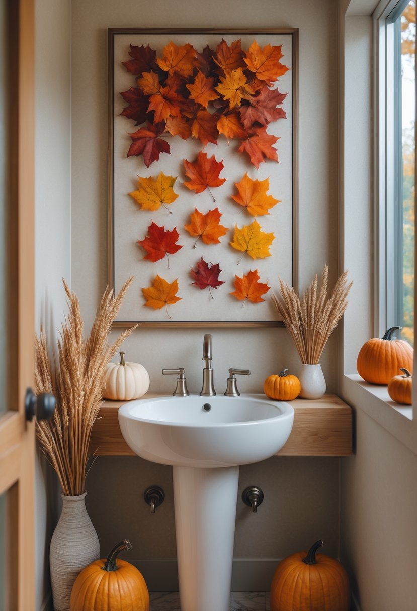 22 Fall Bathroom Decor Ideas 2025: Seasonal Updates for a Stylish Refresh 15 A bathroom with fall-themed wall art featuring colorful autumn leaves above a white sink with fall decorations around it.