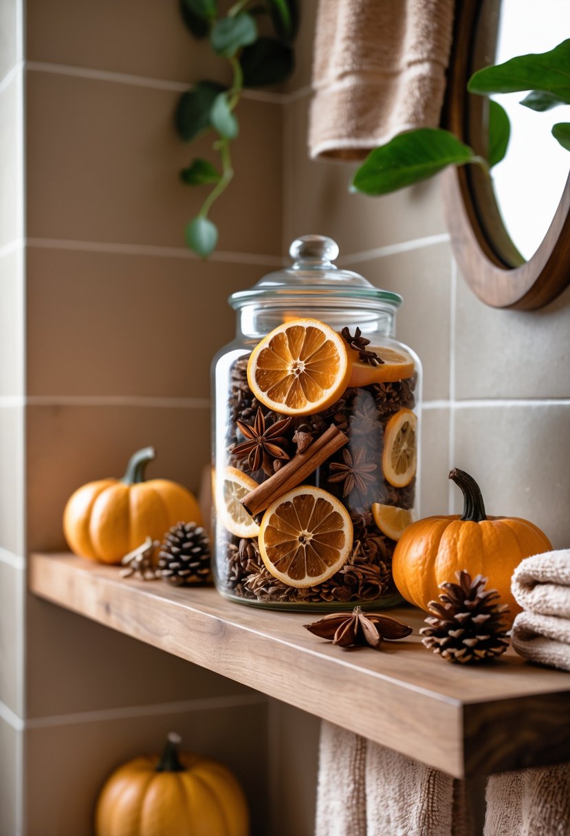 22 Fall Bathroom Decor Ideas 2025: Seasonal Updates for a Stylish Refresh 16 A bathroom shelf displaying a jar of cinnamon and clove potpourri surrounded by fall decorations like pumpkins, pine cones, and folded towels.