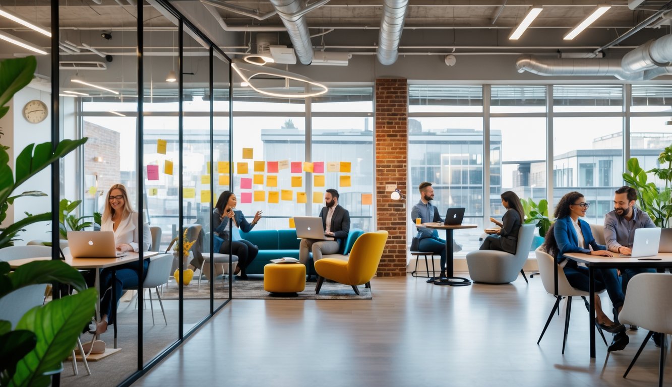 A modern coworking space with people working on laptops, collaborating, and having conversations in a bright, open room with plants and large windows.
