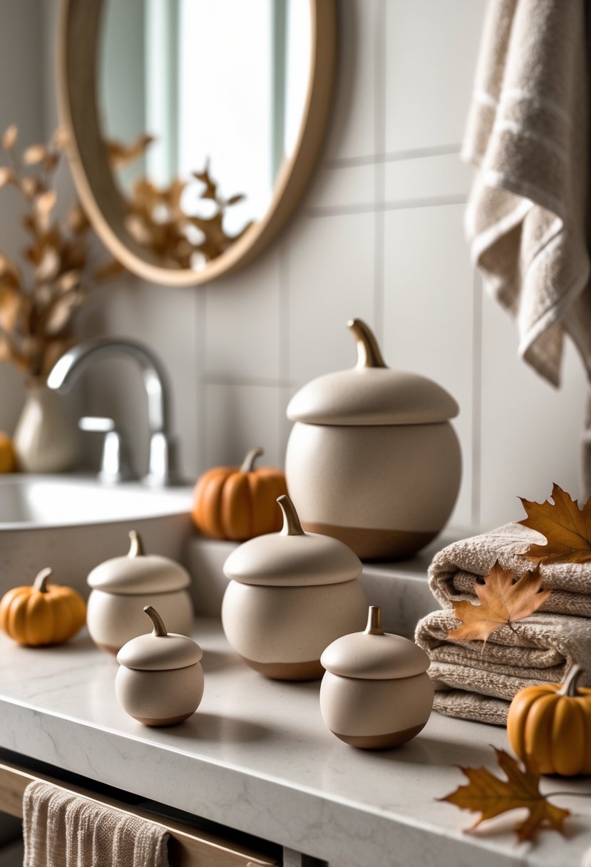 22 Fall Bathroom Decor Ideas 2025: Seasonal Updates for a Stylish Refresh 17 Ceramic acorn decor pieces arranged on a bathroom countertop with autumn-themed accessories and a clean bathroom background.