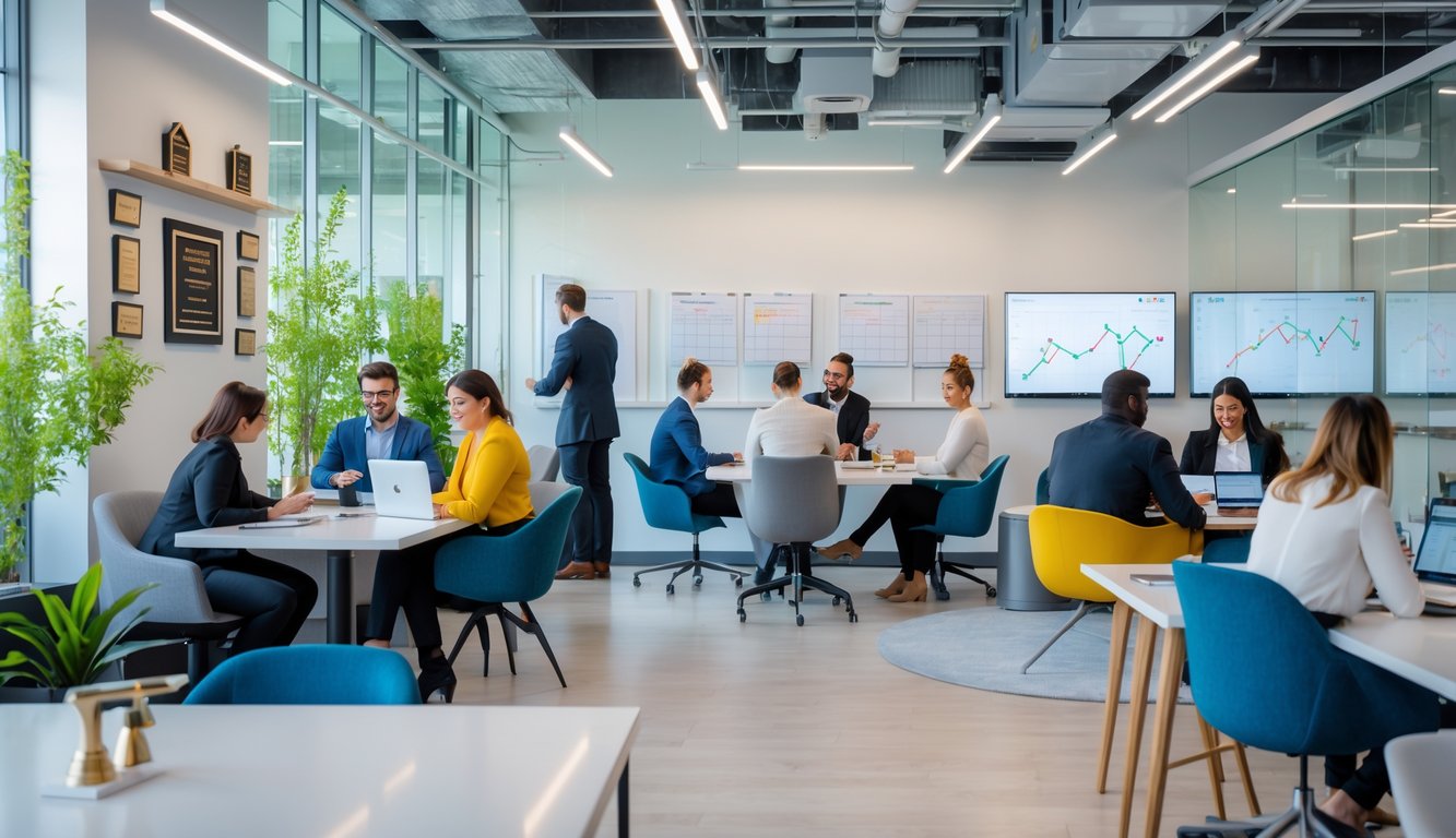 A modern coworking space with people working and collaborating, featuring award plaques displayed in the background.
