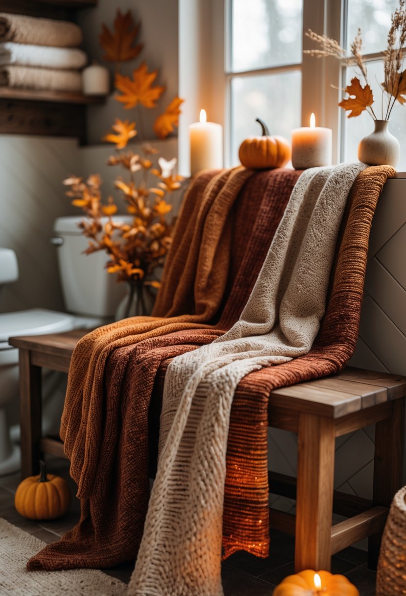 22 Fall Bathroom Decor Ideas 2025: Seasonal Updates for a Stylish Refresh 18 A bathroom seating area with textured throw blankets on a wooden bench surrounded by autumn decor including pumpkins, leaves, candles, and dried flowers.