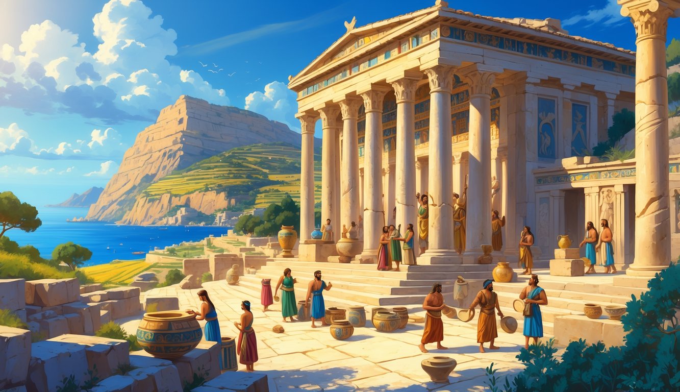 An ancient palace complex on Crete with people engaging in daily activities, surrounded by Mediterranean landscape and the sea.