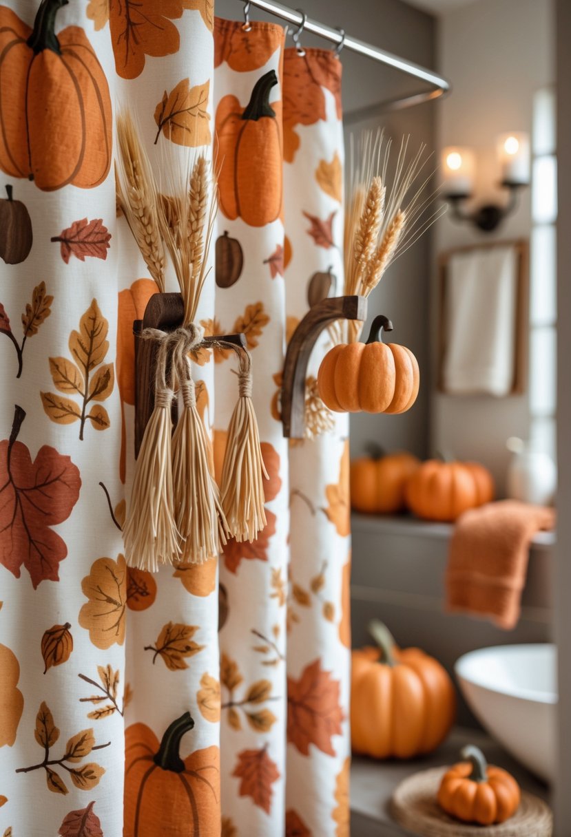 22 Fall Bathroom Decor Ideas 2025: Seasonal Updates for a Stylish Refresh 19 A bathroom with autumn-themed shower hooks and fall decorations including pumpkins and candles.