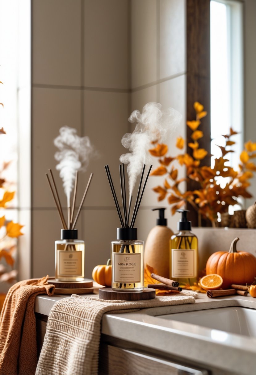 22 Fall Bathroom Decor Ideas 2025: Seasonal Updates for a Stylish Refresh 20 A bathroom countertop with apple spice fragrance diffusers surrounded by autumn decorations like pumpkins, cinnamon sticks, and dried orange slices.