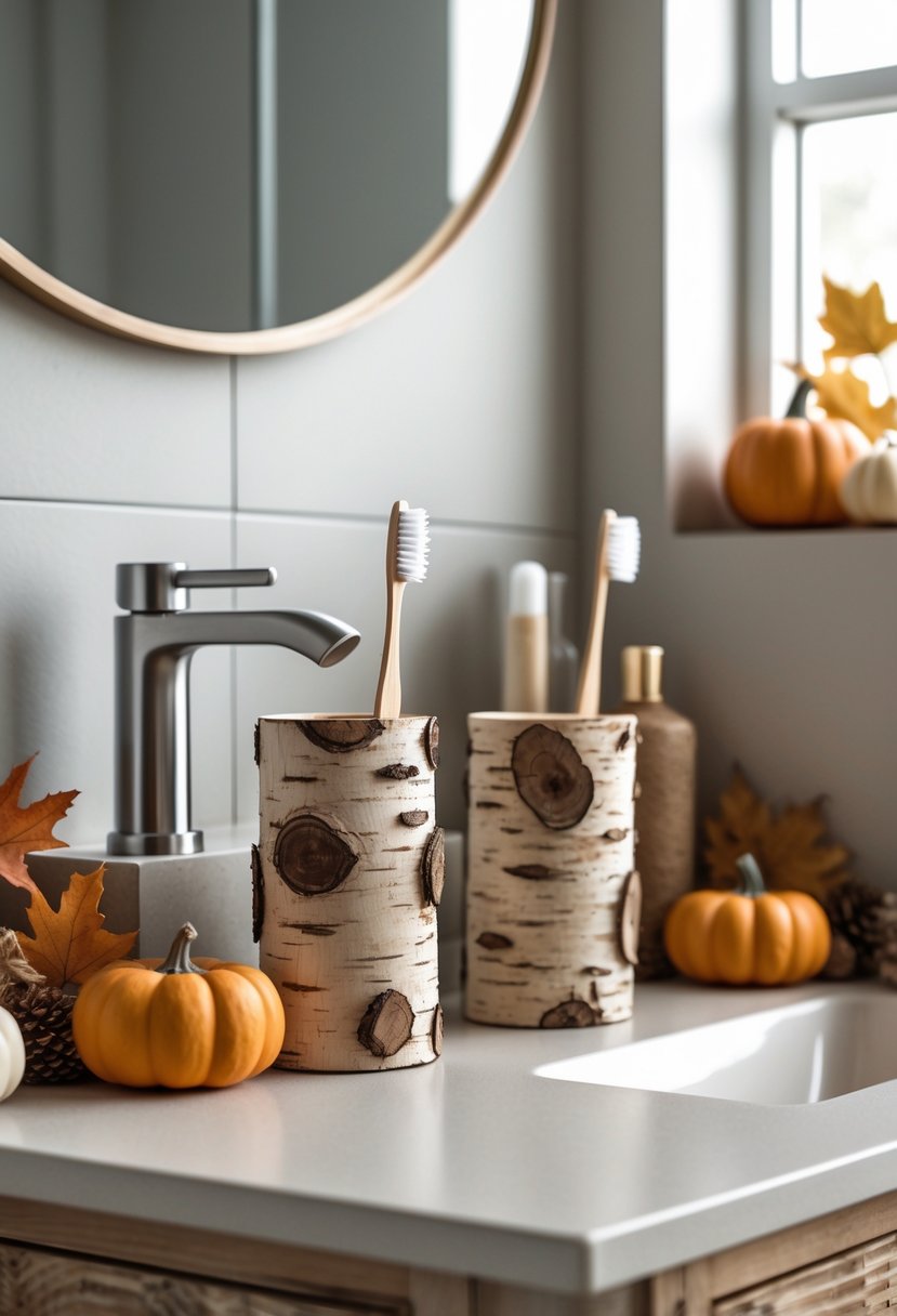 22 Fall Bathroom Decor Ideas 2025: Seasonal Updates for a Stylish Refresh 21 Bathroom countertop with toothbrush holders and fall-themed decorations including pumpkins and autumn leaves.