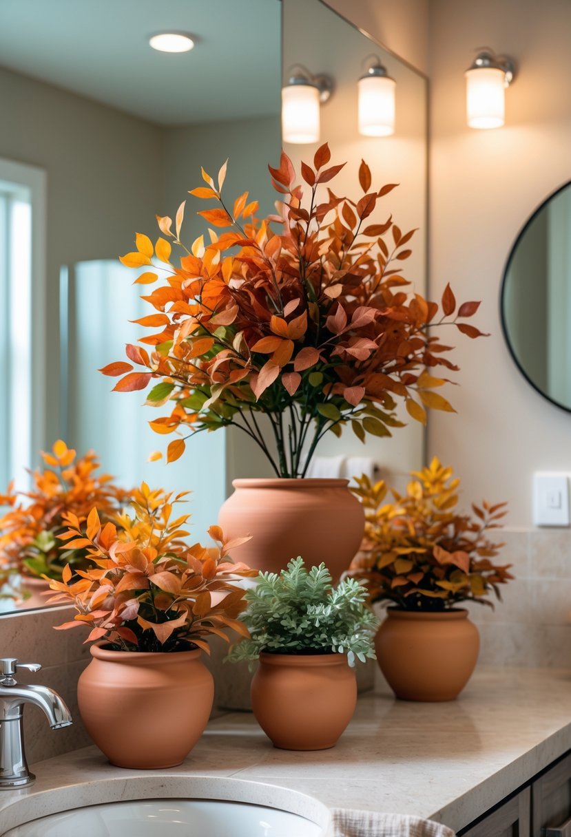 22 Fall Bathroom Decor Ideas 2025: Seasonal Updates for a Stylish Refresh 22 Terracotta planters with faux autumn greenery displayed on a bathroom countertop with a sink and mirror in the background.