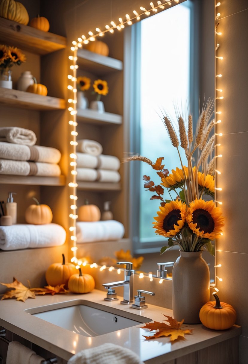 22 Fall Bathroom Decor Ideas 2025: Seasonal Updates for a Stylish Refresh 23 A bathroom decorated for fall with warm LED string lights, pumpkins, dried leaves, towels, and seasonal flowers.