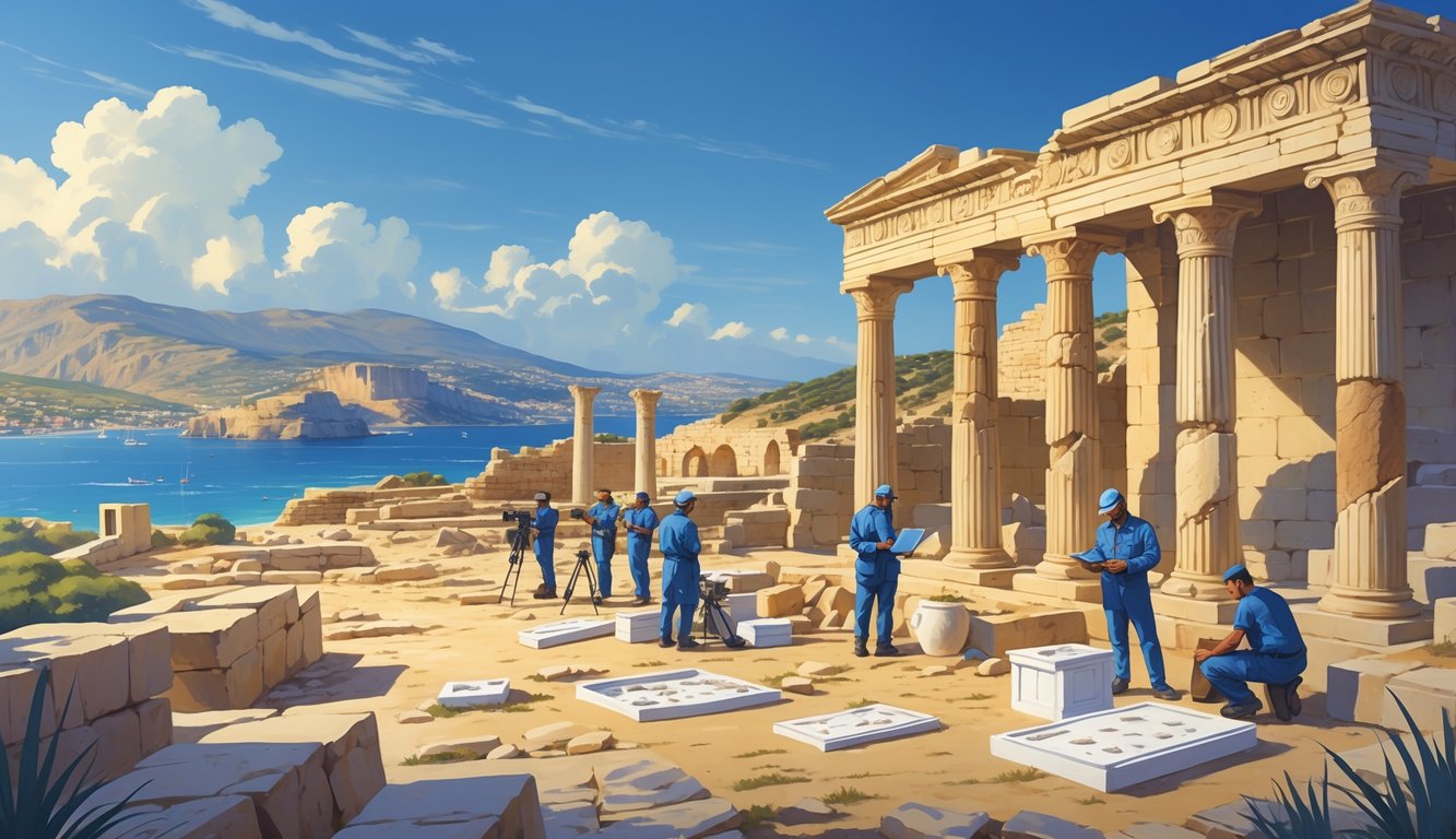 Archaeologists and media team exploring ancient ruins on Crete with excavation tools and equipment near the sea.