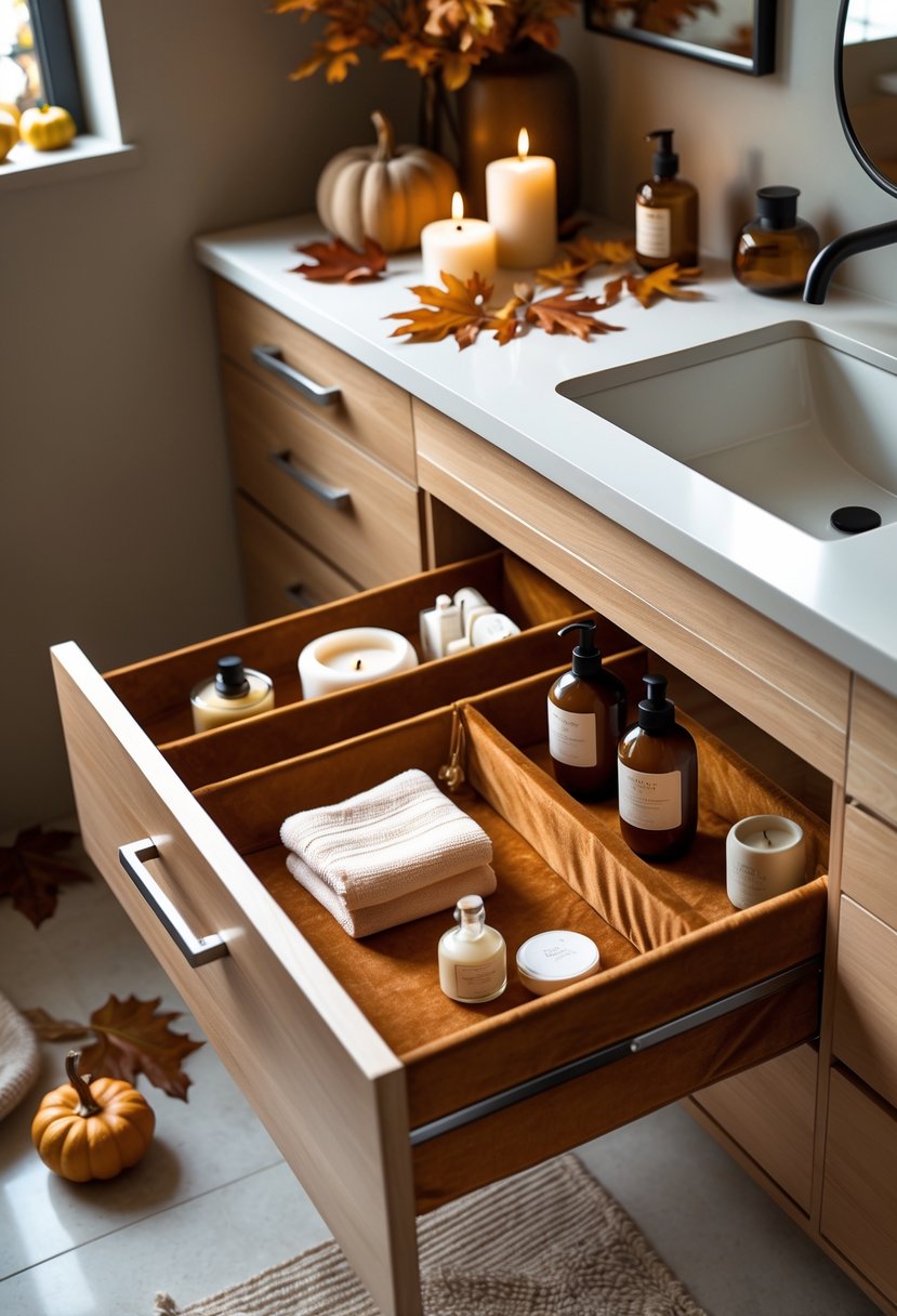 22 Fall Bathroom Decor Ideas 2025: Seasonal Updates for a Stylish Refresh 24 An open bathroom drawer with velvet or suede liners holding neatly arranged toiletries, surrounded by autumn-themed decorations.