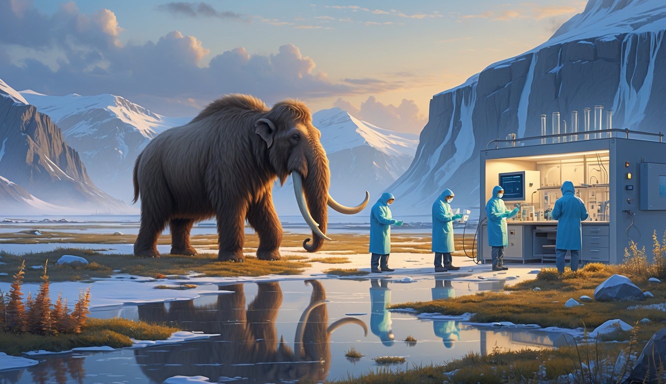 A woolly mammoth stands in a melting Arctic landscape with scientists examining DNA samples nearby.