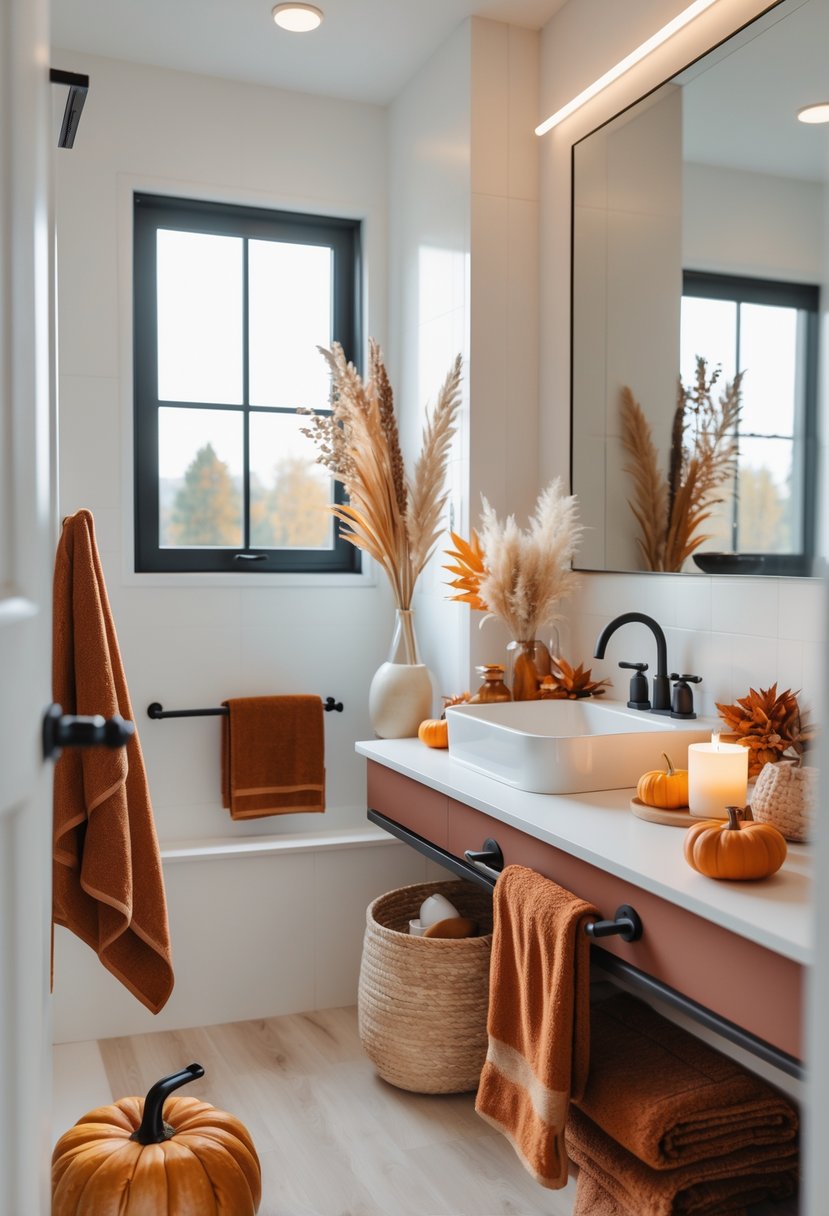 22 Fall Bathroom Decor Ideas 2025: Seasonal Updates for a Stylish Refresh 25 A bright bathroom with fall-themed decorations including towels, dried plants, candles, and small pumpkins arranged on the countertop and shelves.