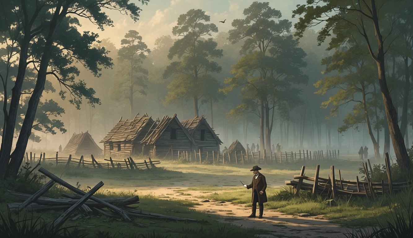 An abandoned 16th-century settlement in a misty forest clearing with an investigator examining the site and distant Native American figures watching.