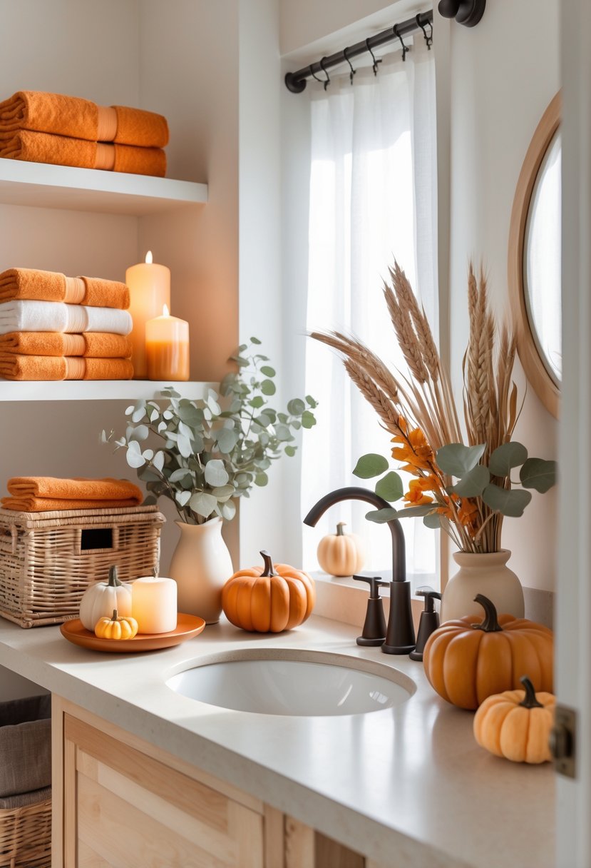 22 Fall Bathroom Decor Ideas 2025: Seasonal Updates for a Stylish Refresh 26 A bathroom decorated with autumn-themed items including pumpkins, towels, dried plants, and wicker baskets arranged neatly around a sink and mirror.