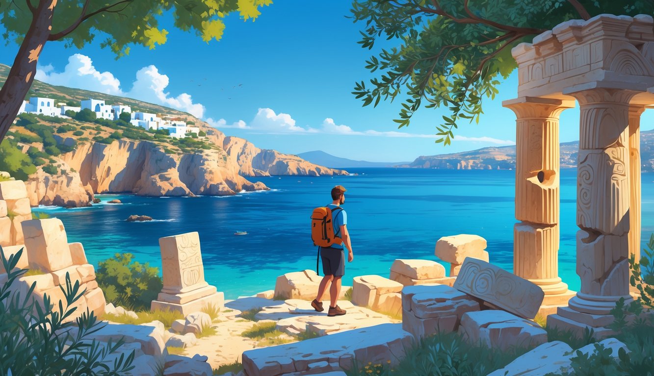 A traveler exploring ancient ruins on the island of Crete with a rocky coastline and a village in the background.