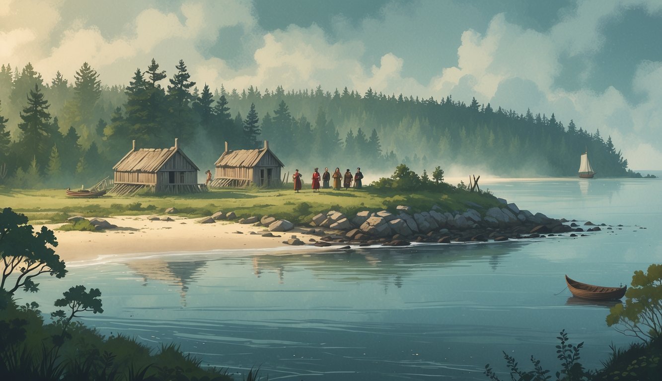 A coastal island with early English settlers searching near unfinished wooden buildings surrounded by forest and a ship anchored offshore.
