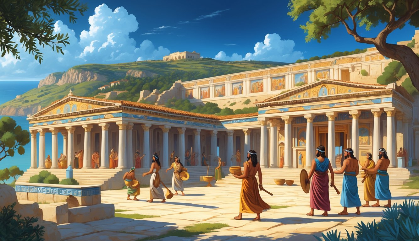 An ancient palace on Crete with people in traditional clothing performing daily activities, surrounded by trees and the sea.