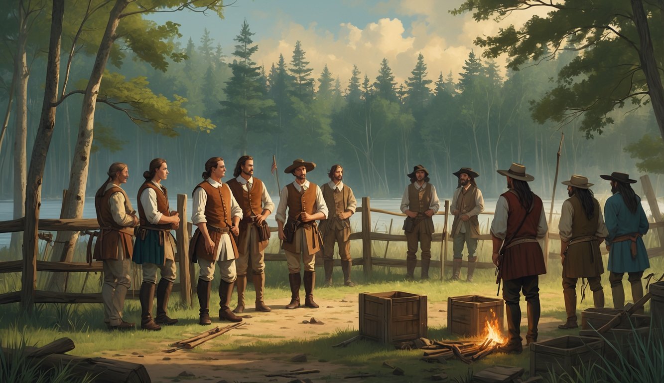 A group of English settlers from the Roanoke Colony stand near a wooden fence in a forest clearing, looking concerned, while Native Americans watch from the trees nearby.