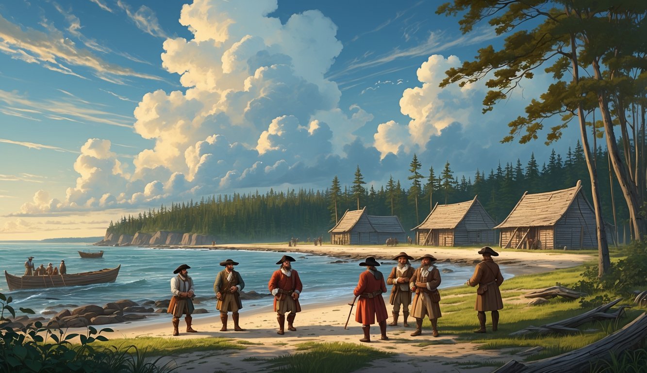 A coastal 16th-century settlement with English colonists near wooden structures and forest, showing people searching and looking puzzled by the shore.