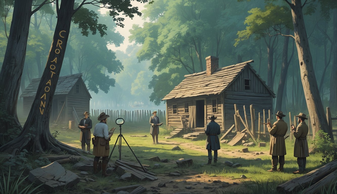 An investigative scene showing historians examining an abandoned wooden settlement in a dense forest with scattered artifacts and a nearby river.