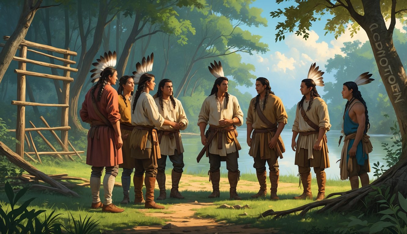 A group of early English settlers and Native Americans cautiously interacting near a forested settlement with a river in the background.