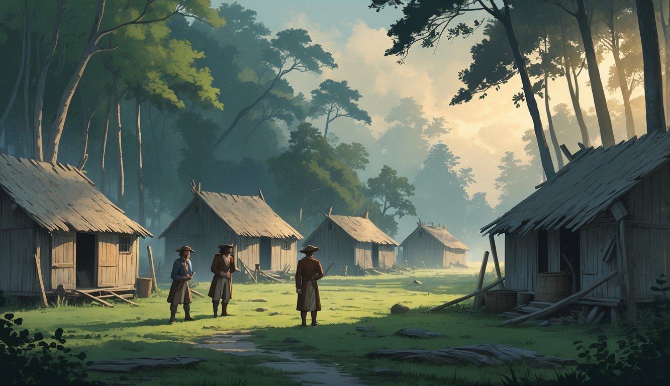 A partially abandoned 16th-century colonial settlement surrounded by dense forest, with a few settlers looking around uncertainly amid empty huts and scattered belongings.