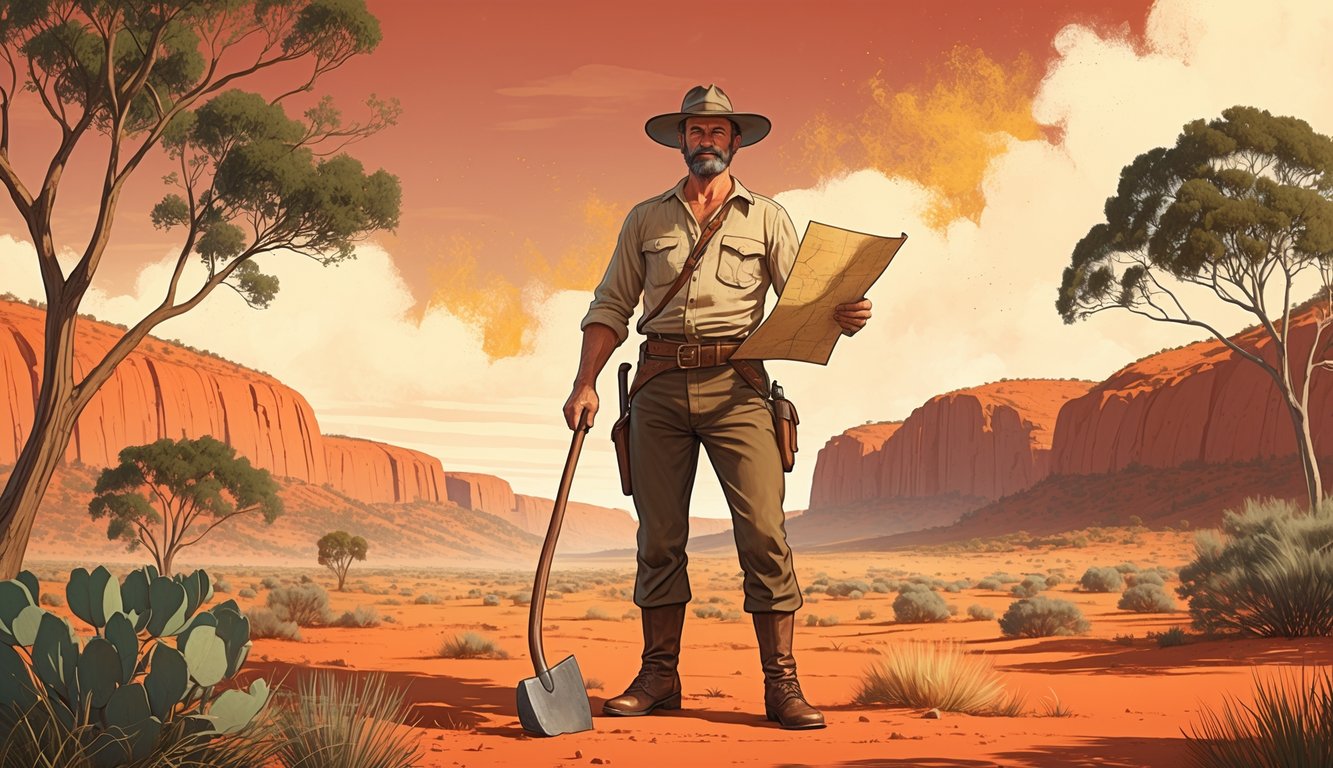 A man dressed as an early explorer stands in the Australian Outback holding a map and pickaxe, with red desert landscape and distant rocky hills behind him.