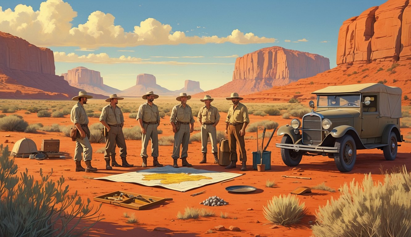 Explorers gathered around a map and equipment in the Australian Outback with red rocks and desert plants under a clear sky.