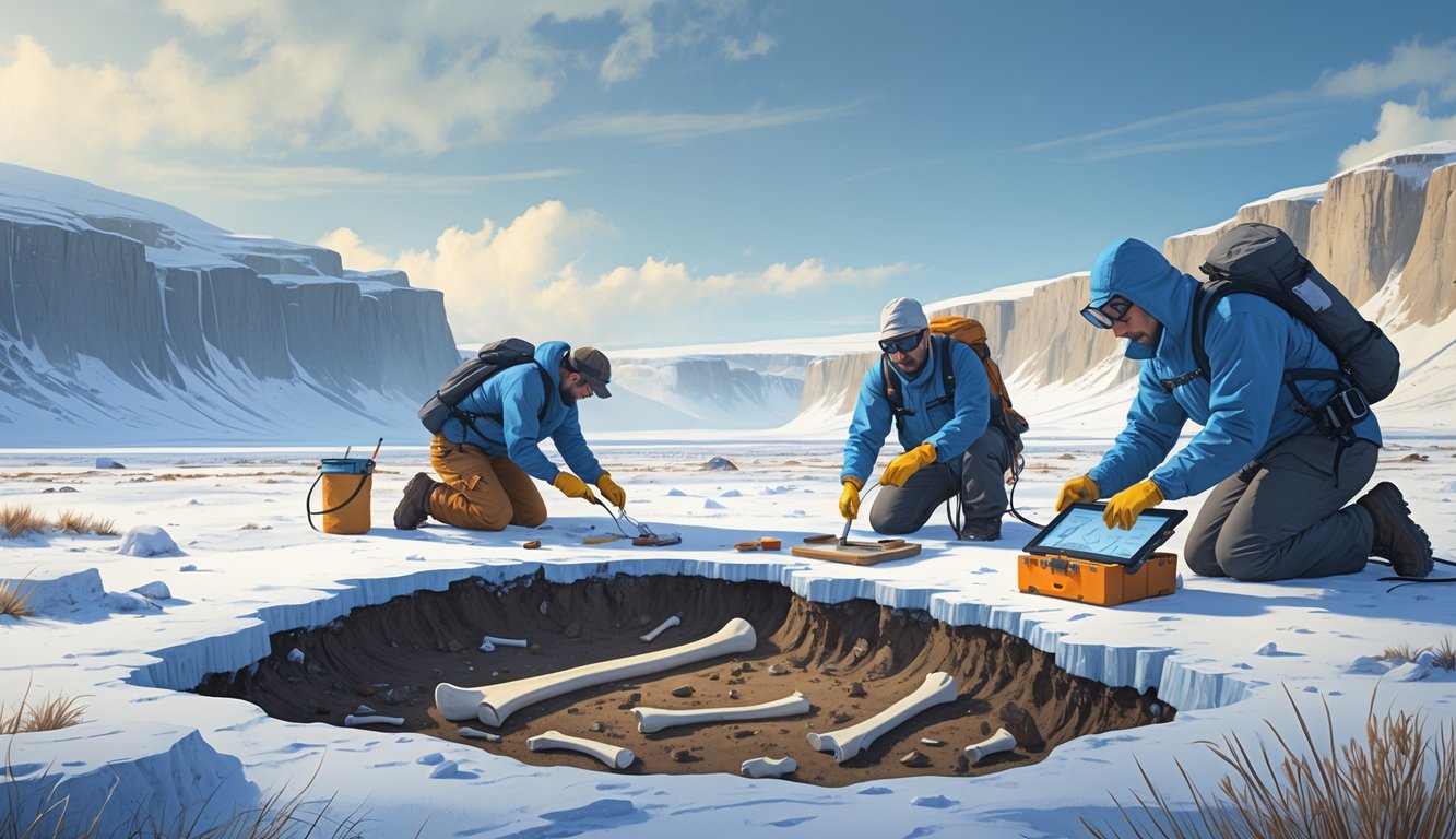 Researchers in cold-weather gear excavate ancient bones from frozen soil at a large crater in a snowy landscape, with scientific equipment nearby.