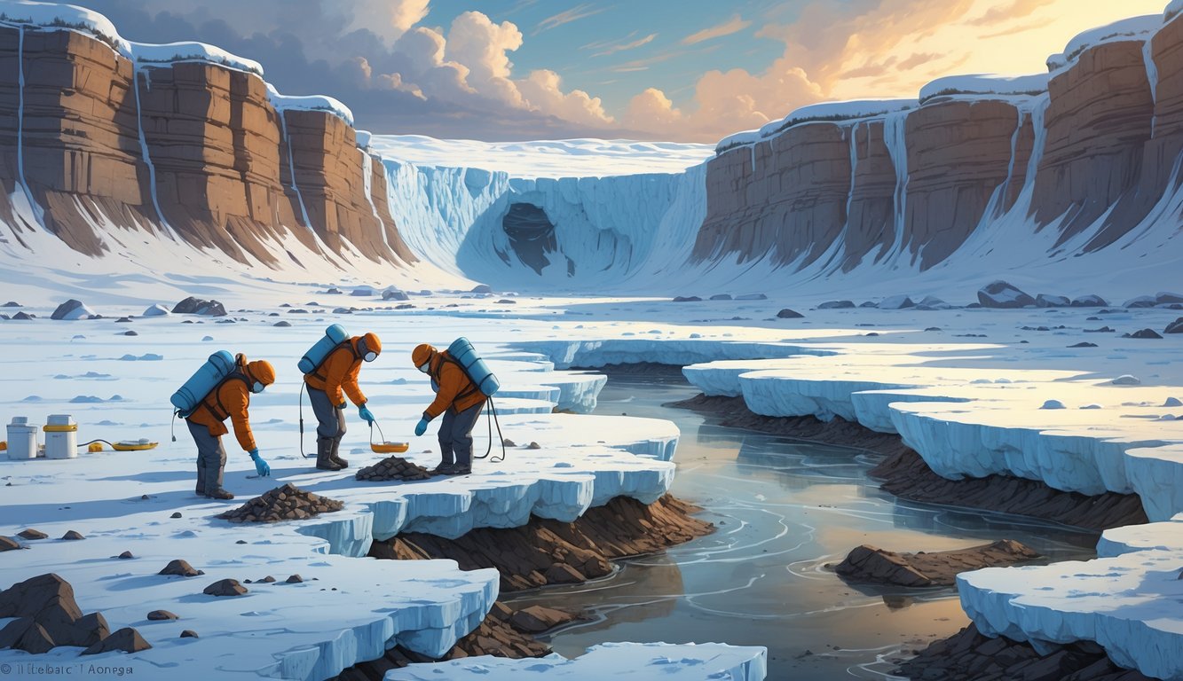 Scientists excavating ancient bones from thawing permafrost in a large crater surrounded by icy and rocky terrain under a cloudy sky.