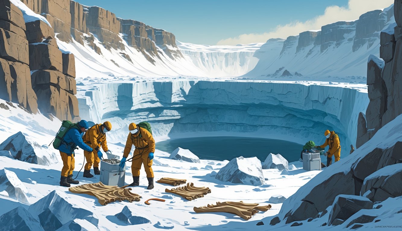 Researchers in cold-weather gear extracting ancient bones from icy ground inside a large crater surrounded by snow and rugged cliffs.
