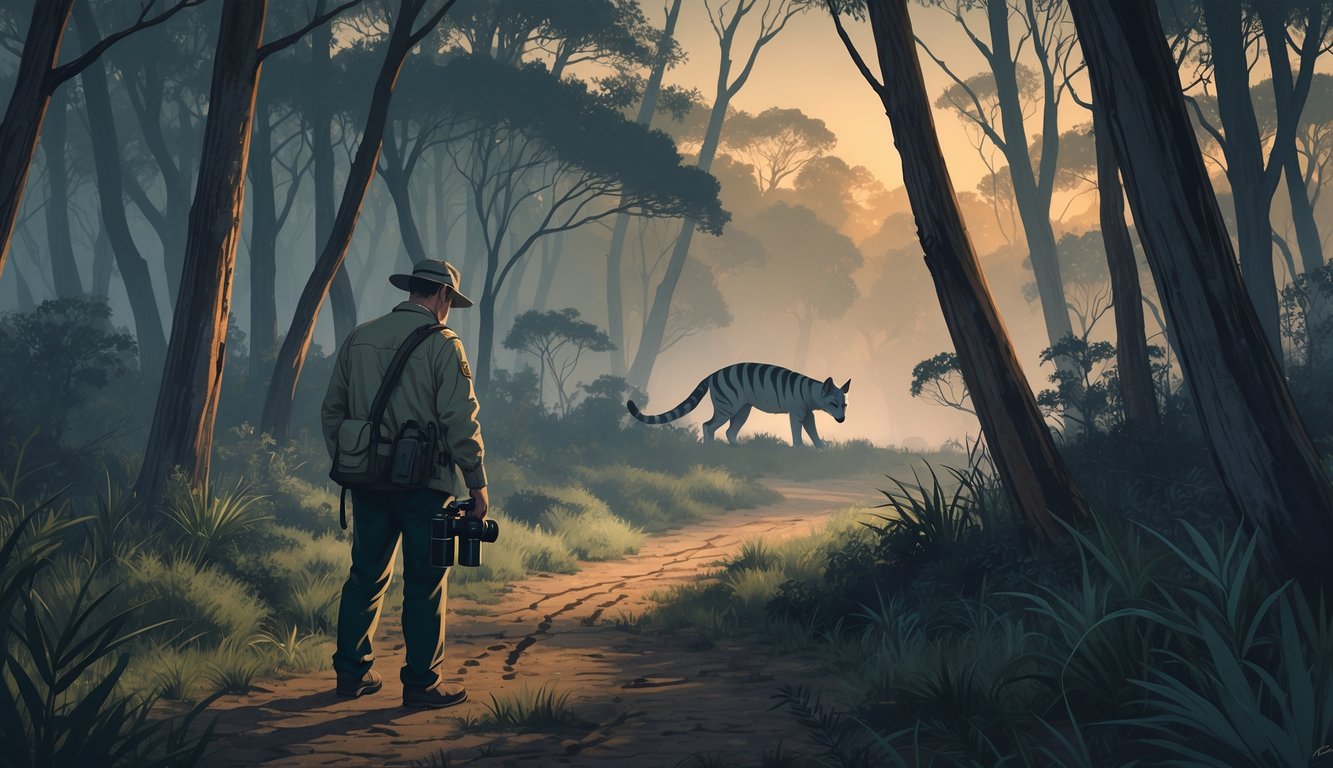 A wildlife researcher in a forest observes faint tracks leading to a partially hidden Thylacine among trees at dusk.