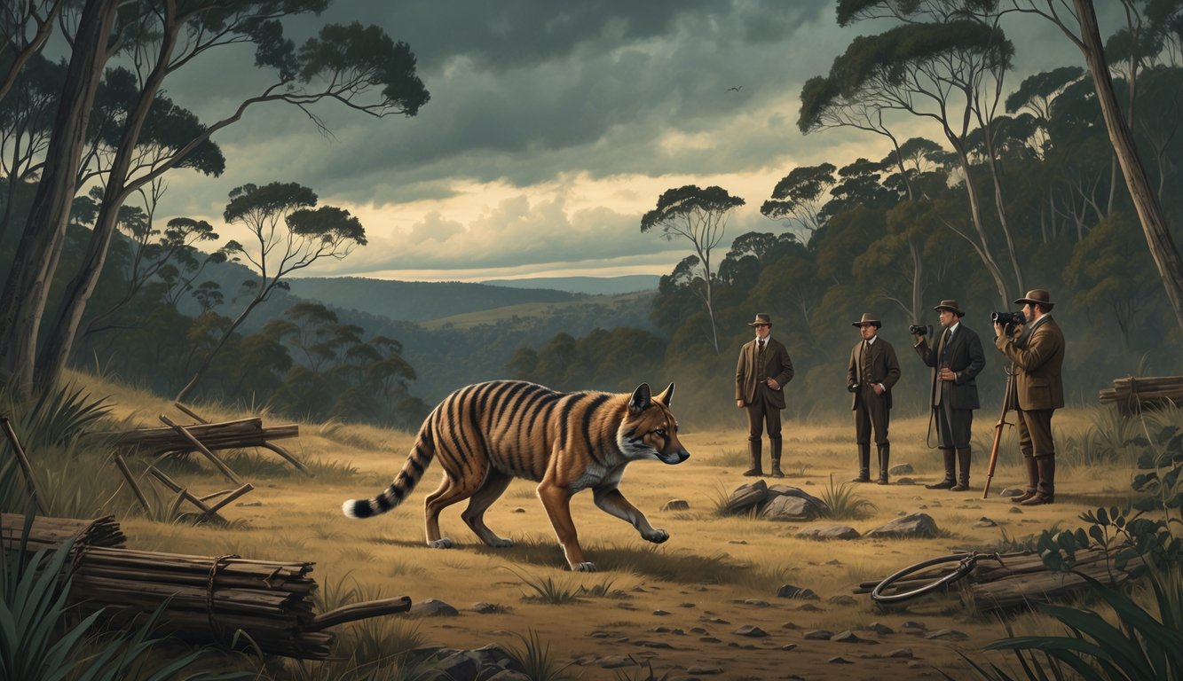 A Tasmanian Tiger moving through a dense forest with early 20th-century trackers searching nearby.