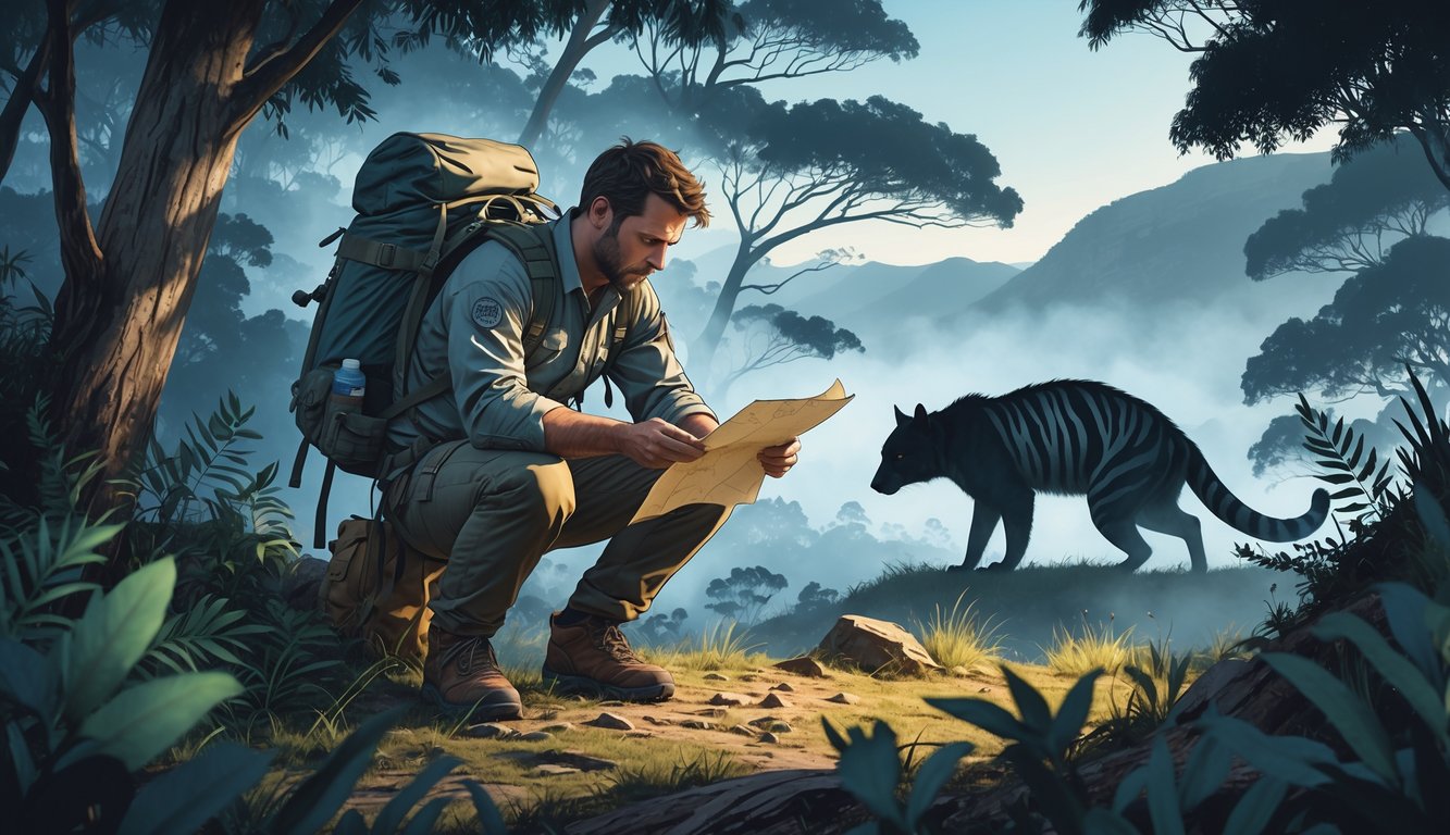 Josh Gates in wilderness gear standing in a dense forest with mountains in the background, looking intently at a map, with a faint silhouette of a striped Tasmanian Tiger blending into the shadows nearby.