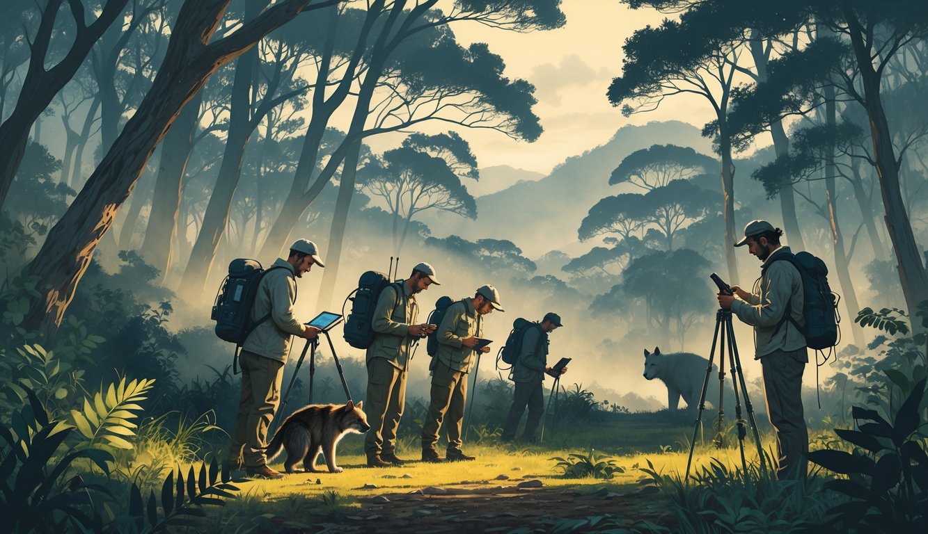 Researchers exploring a dense Tasmanian forest, examining paw prints and looking for signs of the elusive Thylacine among tall trees and misty mountains.