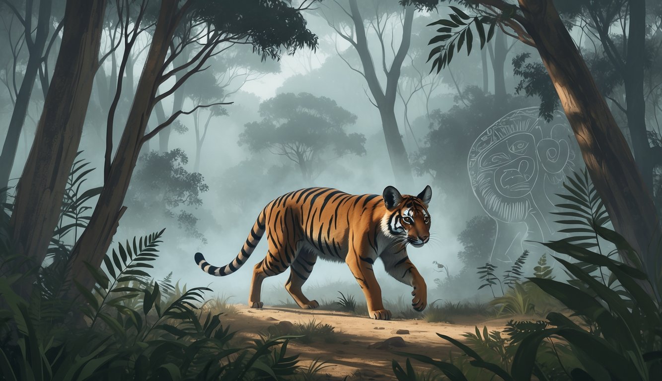A Tasmanian Tiger walking through a misty eucalyptus forest with native plants and faint cultural patterns in the background.