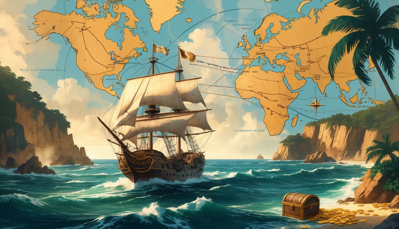 A pirate ship sailing from the East Coast to the Caribbean with a map showing the route and a hidden treasure chest on a tropical beach.