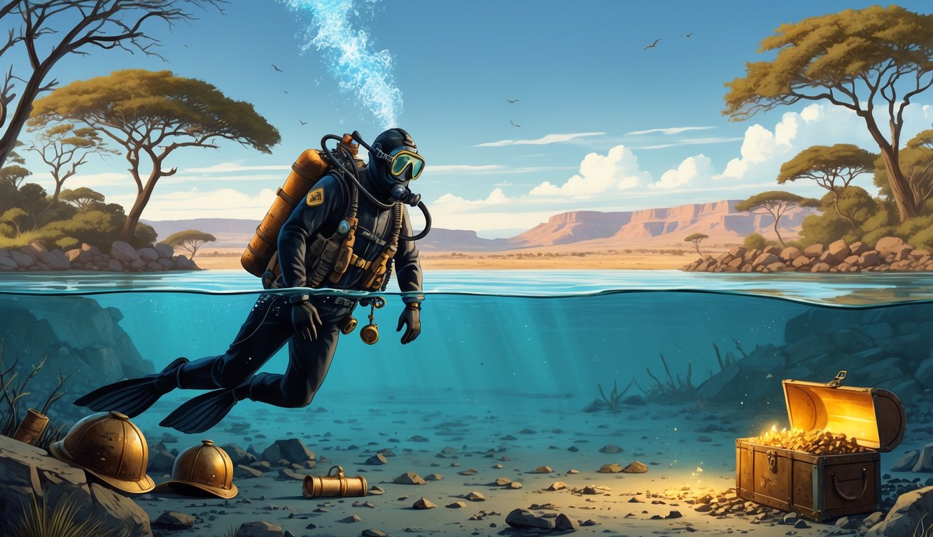 A diver in vintage gear explores the bottom of a clear lake in Namibia, surrounded by old World War I artifacts and a glowing treasure chest, with African trees and mountains in the background.