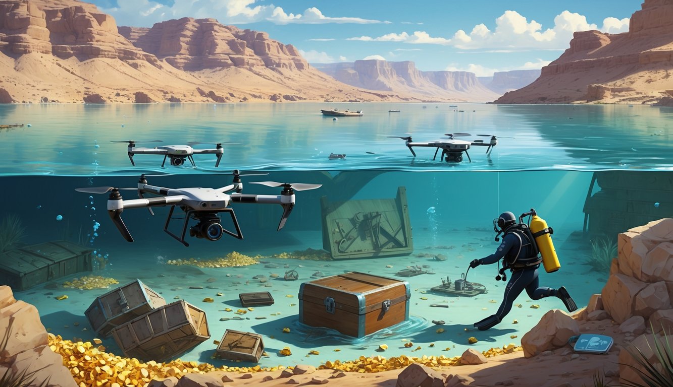Divers and underwater drones exploring a large lake in Namibia with World War I artifacts and gold treasures visible underwater, surrounded by a dry mountainous landscape.