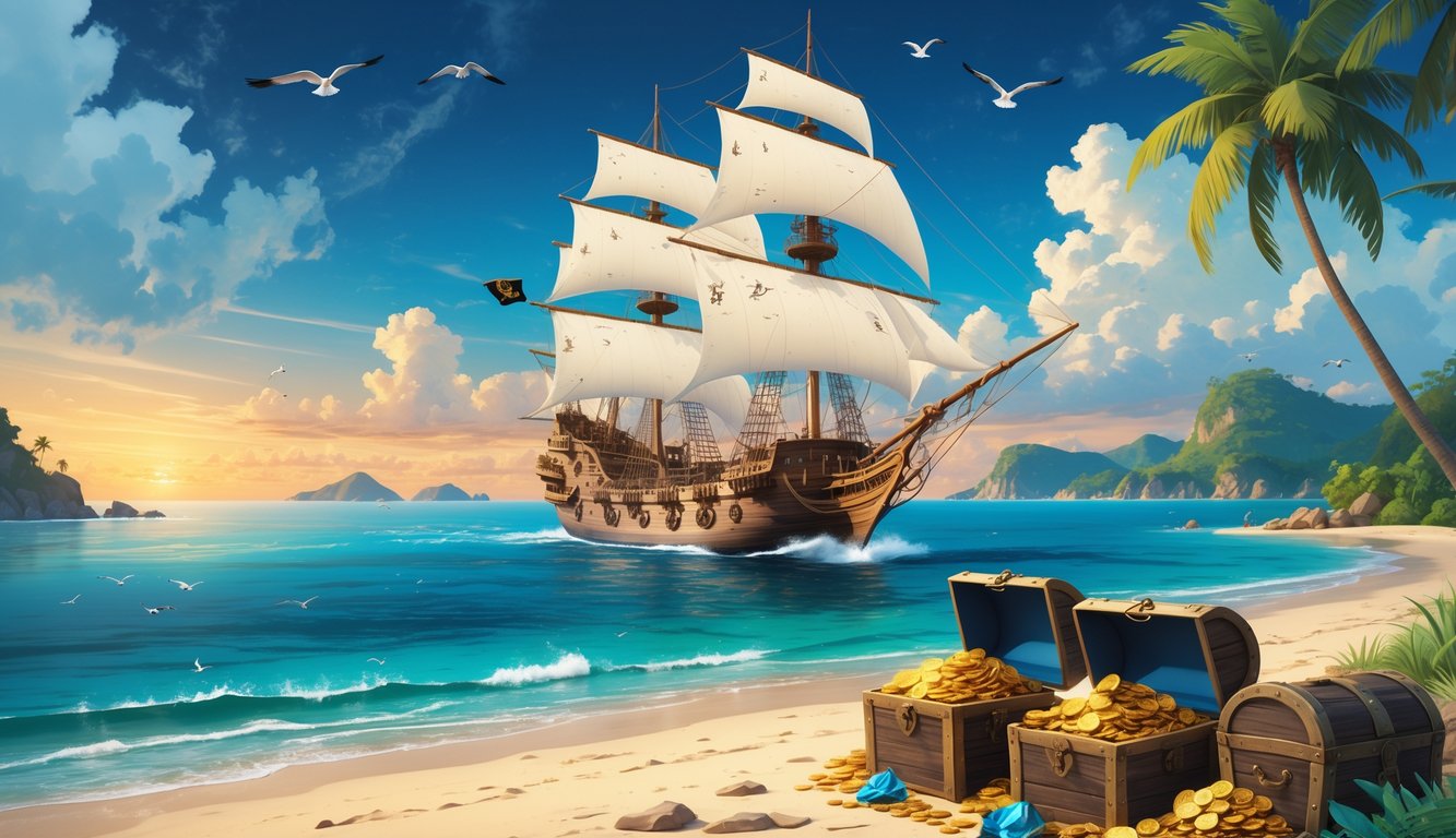 A pirate ship sailing from the East Coast to the Caribbean with treasure chests on a palm-lined beach and islands in the distance.