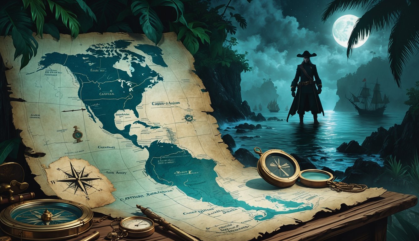 A pirate map on a wooden table with nautical tools, a ghostly pirate figure on a rocky coastline, and misty Caribbean islands in the background under moonlight.