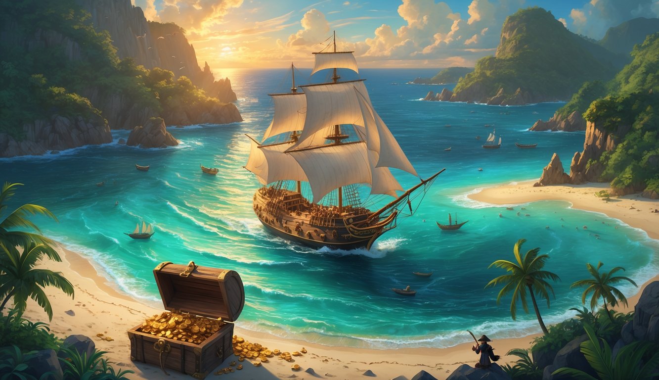 A pirate ship sailing through turquoise Caribbean waters near tropical islands, with rocky East Coast cliffs in the background and a treasure chest on a sandy beach.