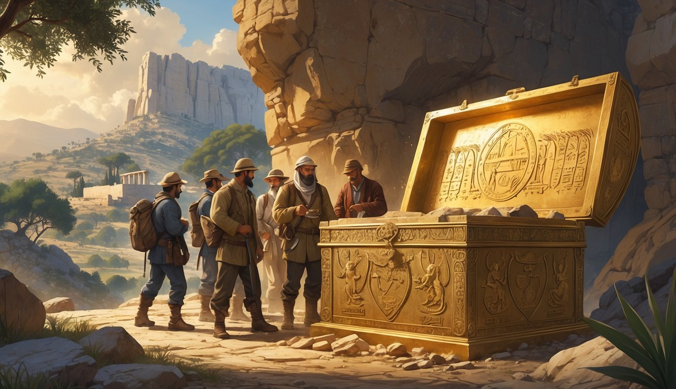 A group of explorers searching for the Ark of the Covenant in a landscape combining ancient ruins from Israel and Ethiopia, focusing on a glowing golden chest with intricate engravings.
