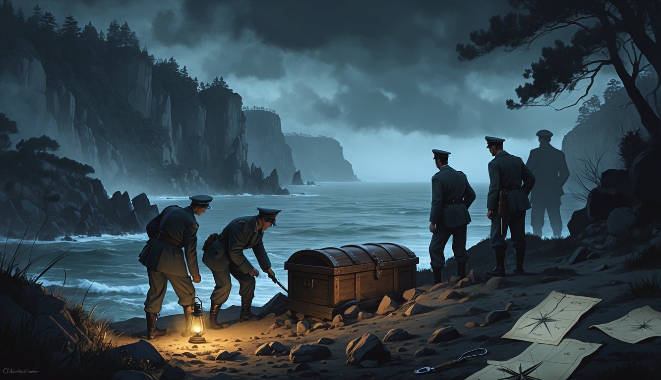 A group of people searching for a hidden treasure chest on a rocky coastal landscape with dense trees and cloudy sky.