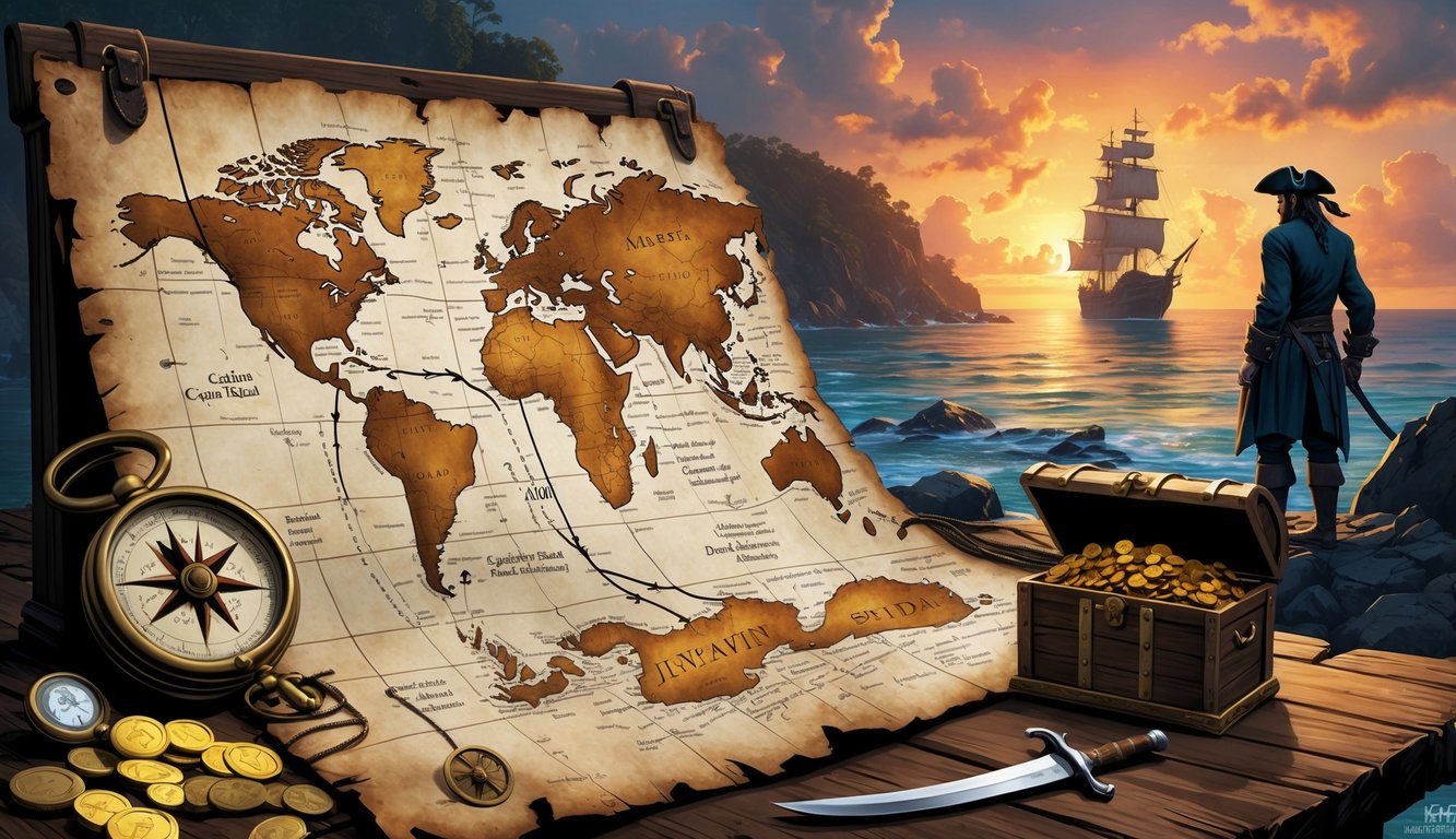 A treasure map on a wooden table with pirate artifacts and a ghostly figure of Captain Kidd looking at a pirate ship near tropical islands at sunset.